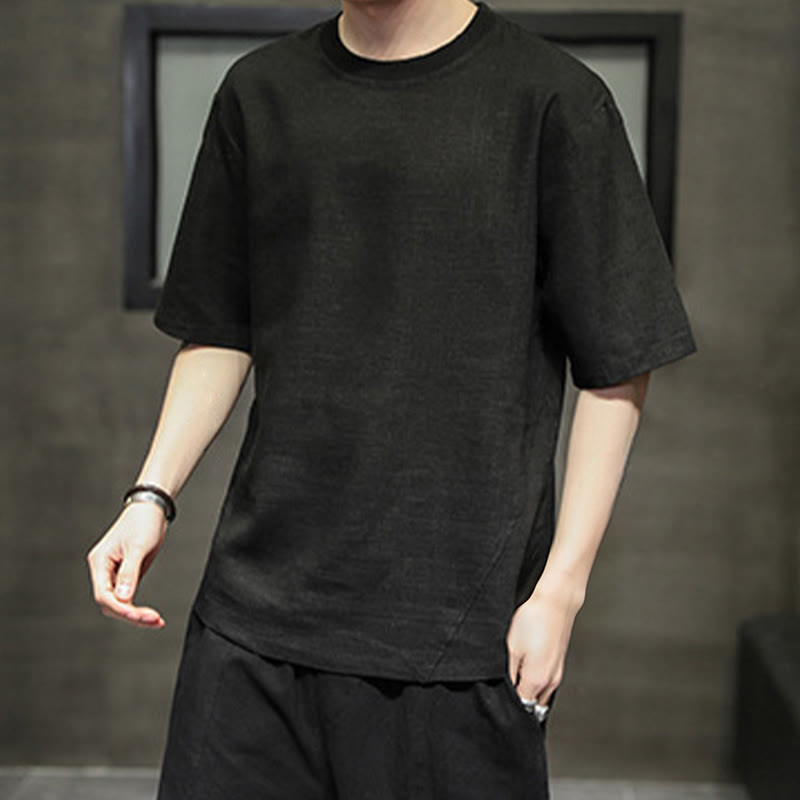 Buddha Stones T-shirts d'été minimalistes décontractés en lin à col rond et manches courtes pour hommes - image 9