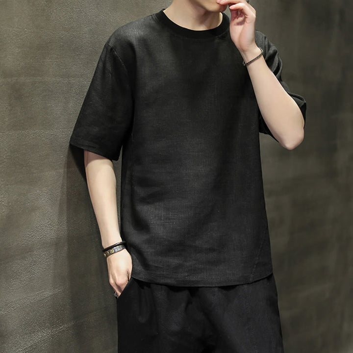 Buddha Stones T-shirts d'été minimalistes décontractés en lin à col rond et manches courtes pour hommes - image 11