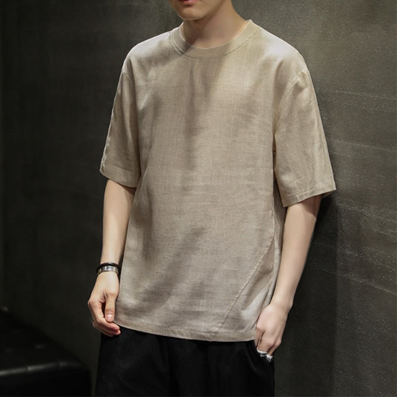 Buddha Stones T-shirts d'été minimalistes décontractés en lin à col rond et manches courtes pour hommes - image 2