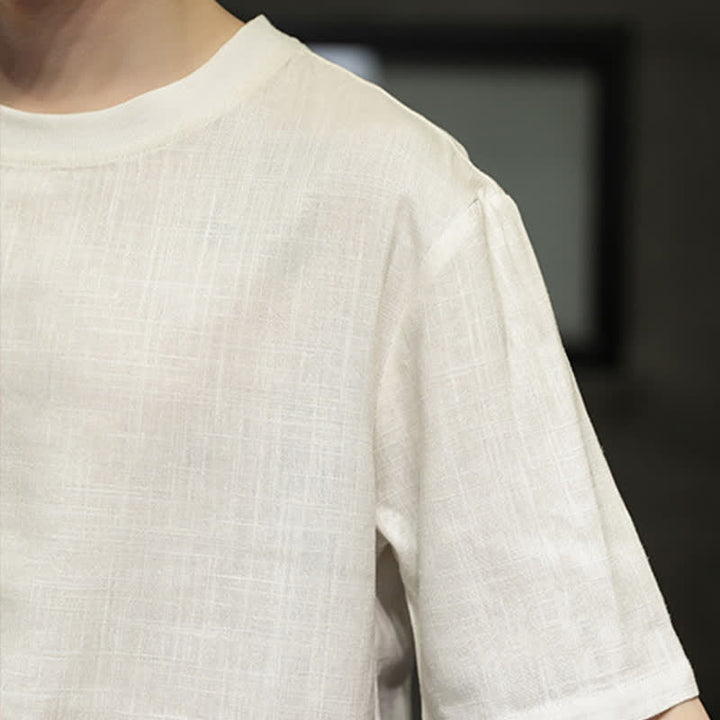Buddha Stones T-shirts d'été minimalistes décontractés en lin à col rond et manches courtes pour hommes - image 27
