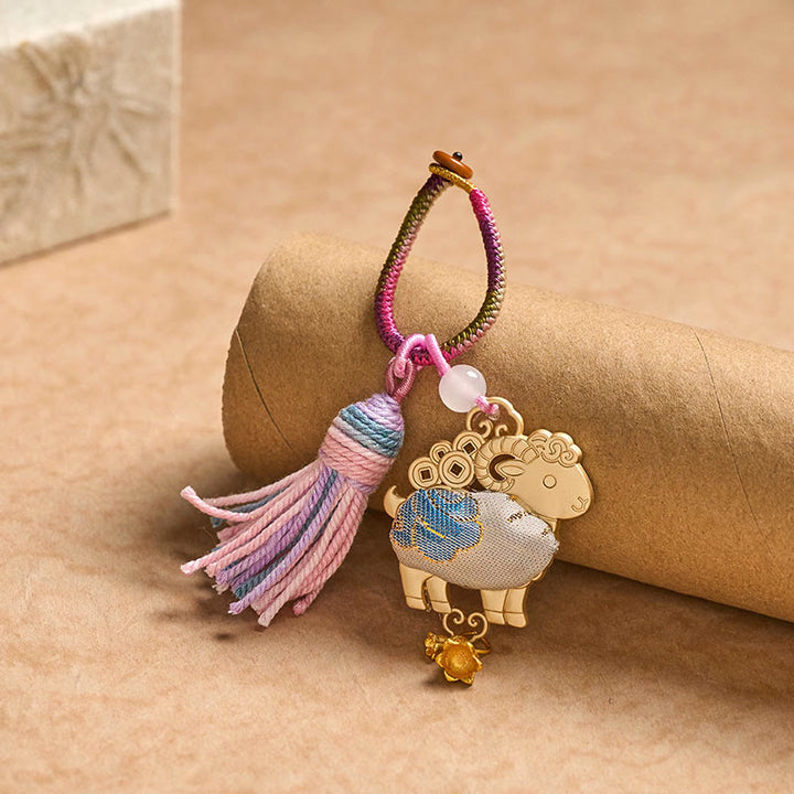 Buddha Stones Porte-clés pompon porte-bonheur en brocart Song fait main, signe du zodiaque chinois - image 3