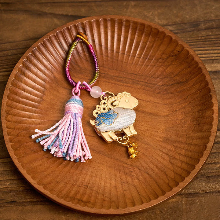 Buddha Stones Porte-clés pompon porte-bonheur en brocart Song fait main, signe du zodiaque chinois - image 1