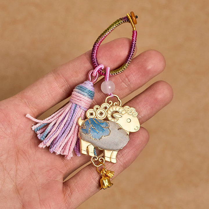 Buddha Stones Porte-clés pompon porte-bonheur en brocart Song fait main, signe du zodiaque chinois - image 10