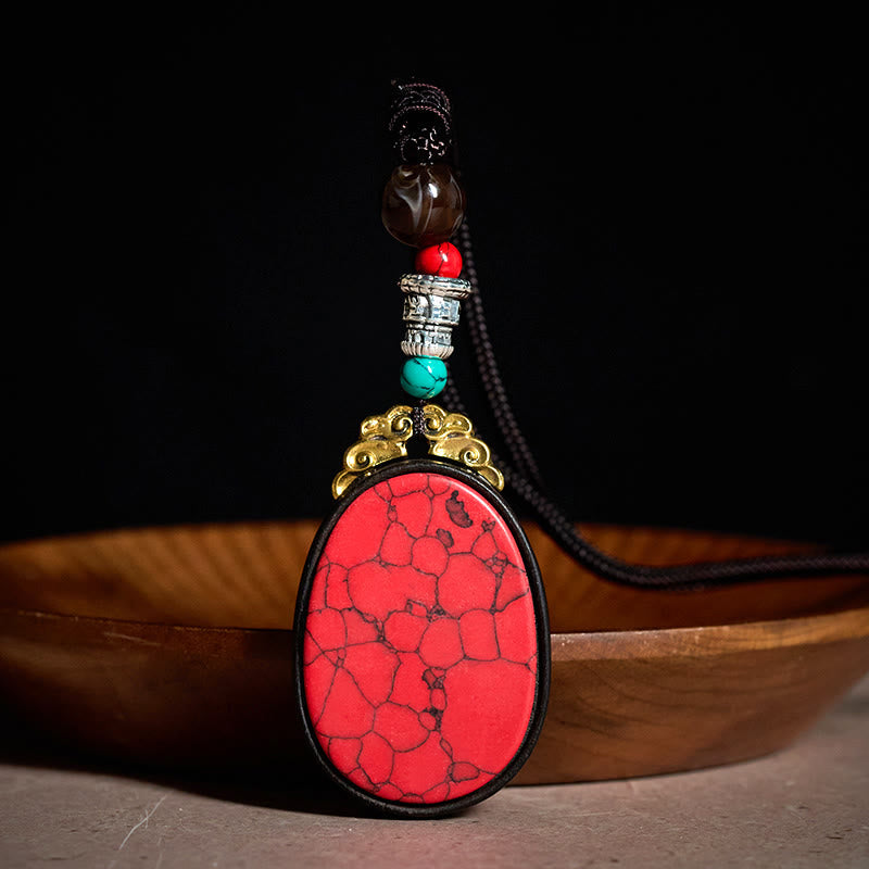 Buddha Stones Collier ovale tribal fait main en bois d'ébène « Sagesse » - Rouge - Bois d'ébène (Équilibre ♥ Calme) - image 1