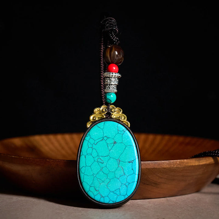 Buddha Stones Collier ovale tribal fait main en bois d'ébène « Sagesse » - Vert paon - Bois d'ébène (Équilibre ♥ Calme) - image 0