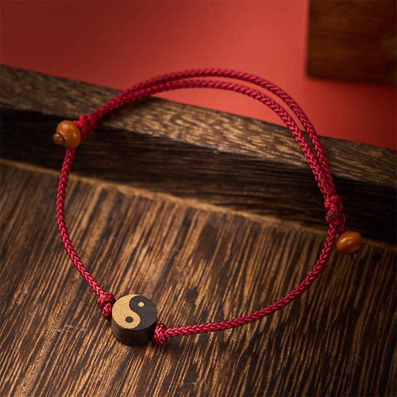 Buddha Stones Bracelet en ébène à symbole Yin Yang et symbole de paix et de paix, en corde colorée. - Rouge (Tour de poignet : 13-20 cm) - image 0
