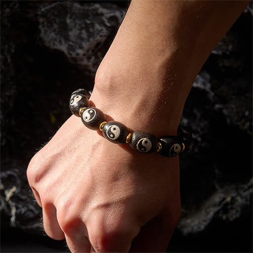 Buddha Stones Bracelet tibétain de protection avec symbole Yin Yang en agate et perles Dzi - image 4