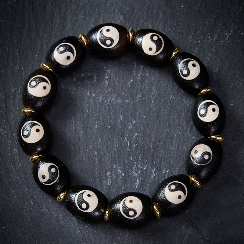Buddha Stones Bracelet tibétain de protection avec symbole Yin Yang en agate et perles Dzi - 17-18 cm - image 0