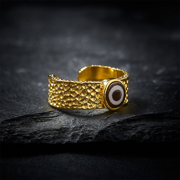 Buddha Stones Bague ajustable en cuivre et laiton, ornée de perles Dzi, symbole de richesse - Cuivre (Richesse ♥ Chance) - image 0