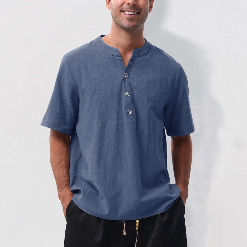 Buddha Stones Chemises d'été décontractées pour hommes, col mandarin, manches courtes, couleur unie, en coton et lin, à demi-boutons. - SteelBlue - US/UK/AU50，EU60 (5XL) - image 16