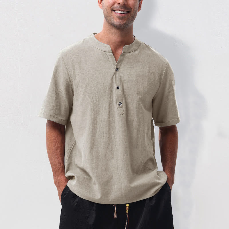 Buddha Stones Chemises d'été décontractées pour hommes, col mandarin, manches courtes, couleur unie, en coton et lin, à demi-boutons. - Lin - US/UK/AU50，EU60 (5XL) - image 8