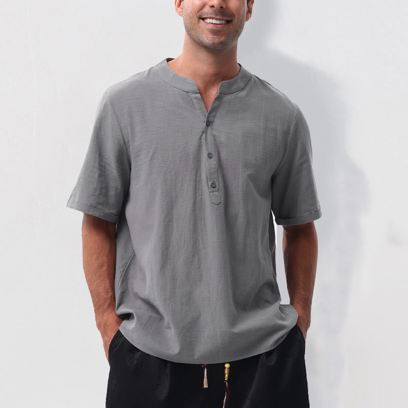 Buddha Stones Chemises d'été décontractées pour hommes, col mandarin, manches courtes, couleur unie, en coton et lin, à demi-boutons. - Gris - US/UK/AU50，EU60 (5XL) - image 0