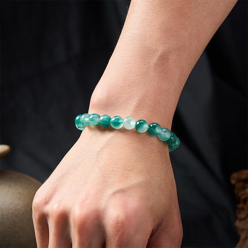 Buddha Stones Bracelet à perles rondes en calcédoine blanche, motif floral bleu, pour l'équilibre émotionnel - image 4