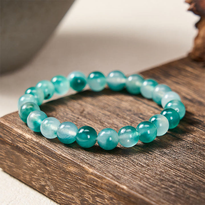 Buddha Stones Bracelet à perles rondes en calcédoine blanche, motif floral bleu, pour l'équilibre émotionnel - 8 mm - Calcédoine blanche (Harmonie ♥ Positive) - image 0