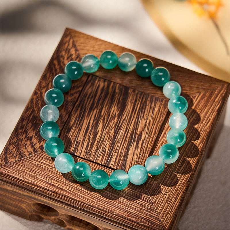 Buddha Stones Bracelet à perles rondes en calcédoine blanche, motif floral bleu, pour l'équilibre émotionnel - image 1