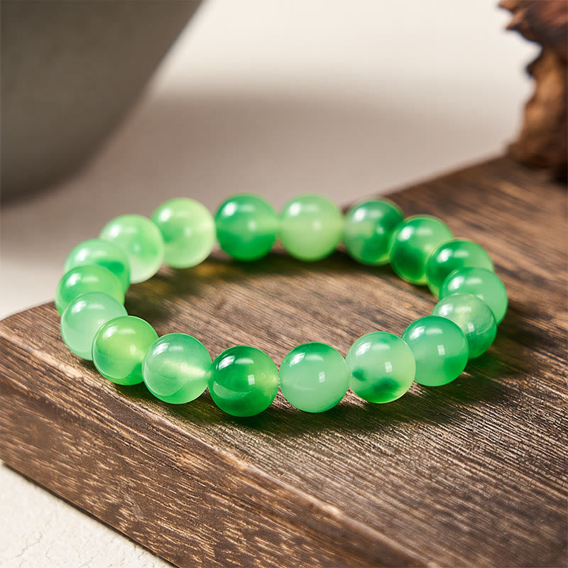 Buddha Stones Bracelet rond en calcédoine blanche, fleur verte flottante et perles de guérison - 10 mm - Calcédoine blanche (Harmonie ♥ Positive) - image 6