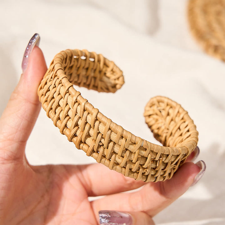 Buddha Stones Bracelet manchette bohème en rotin naturel tissé à la main - image 2