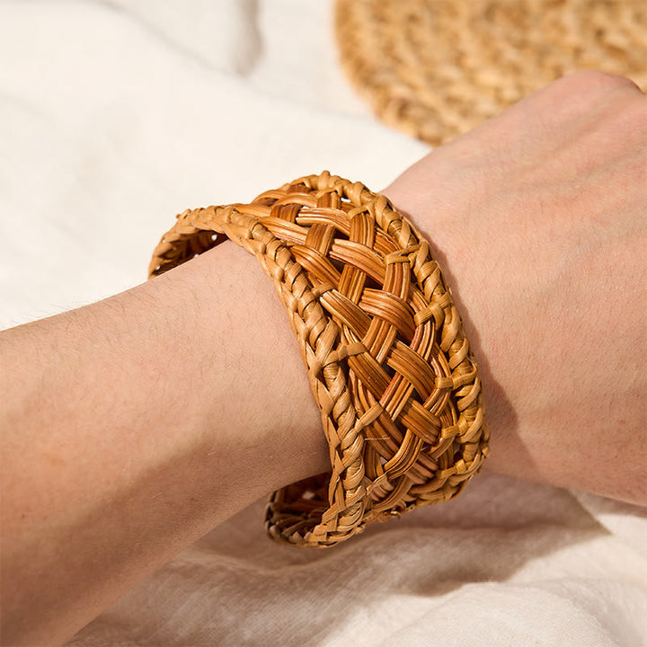 Buddha Stones Bracelet manchette ajustable en rotin naturel tissé à la main, style bohème. - image 5