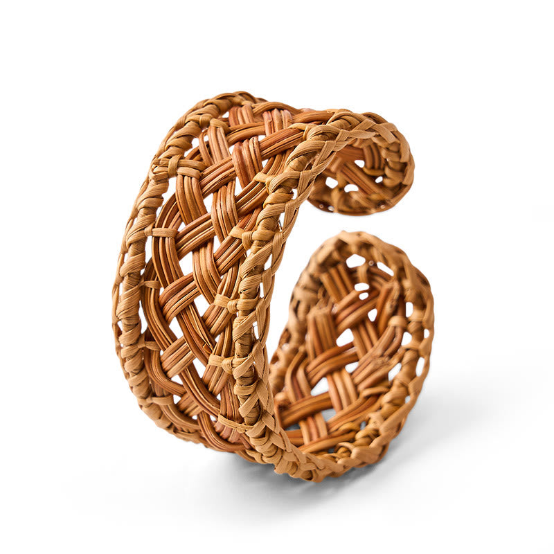 Buddha Stones Bracelet manchette ajustable en rotin naturel tissé à la main, style bohème. - Ratten (Équilibre ♥ Enracinement) - image 0