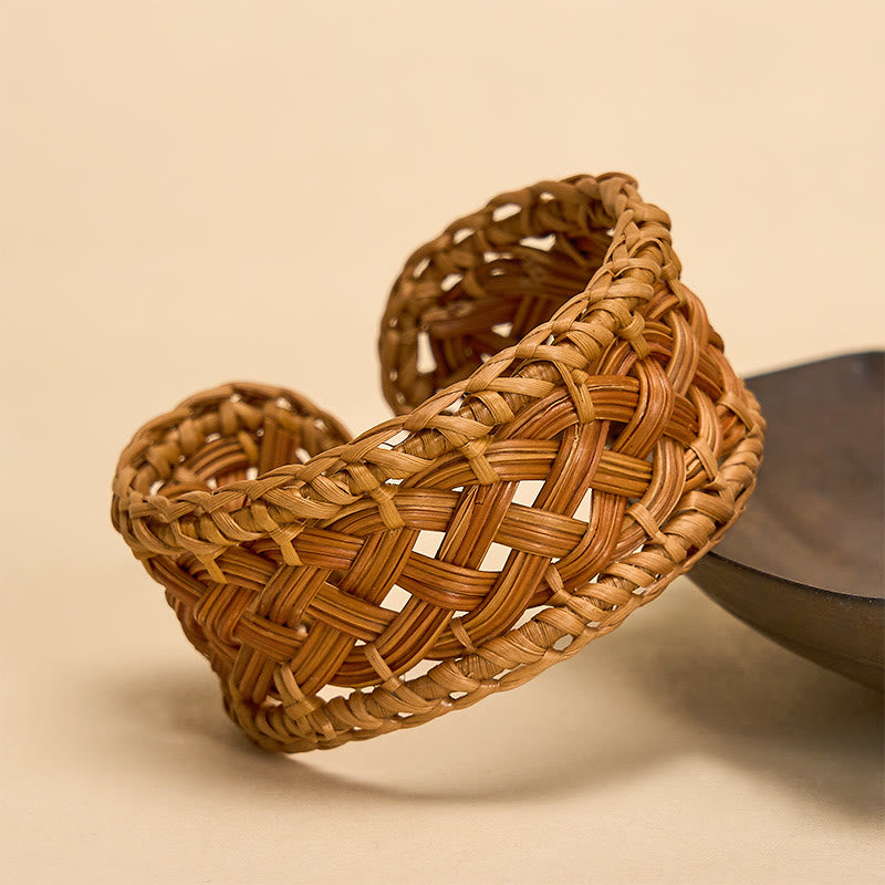 Buddha Stones Bracelet manchette ajustable en rotin naturel tissé à la main, style bohème. - image 1