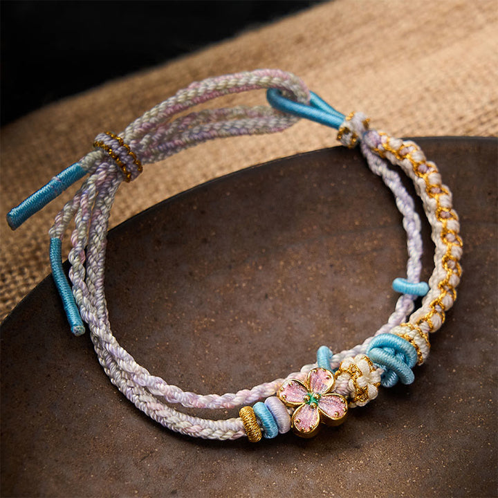 Buddha Stones Bracelet double couche en corde tressée à la main, motif fleur de pêcher et nœuds. - Chardon - Avec accessoire de fleur violette - image 15