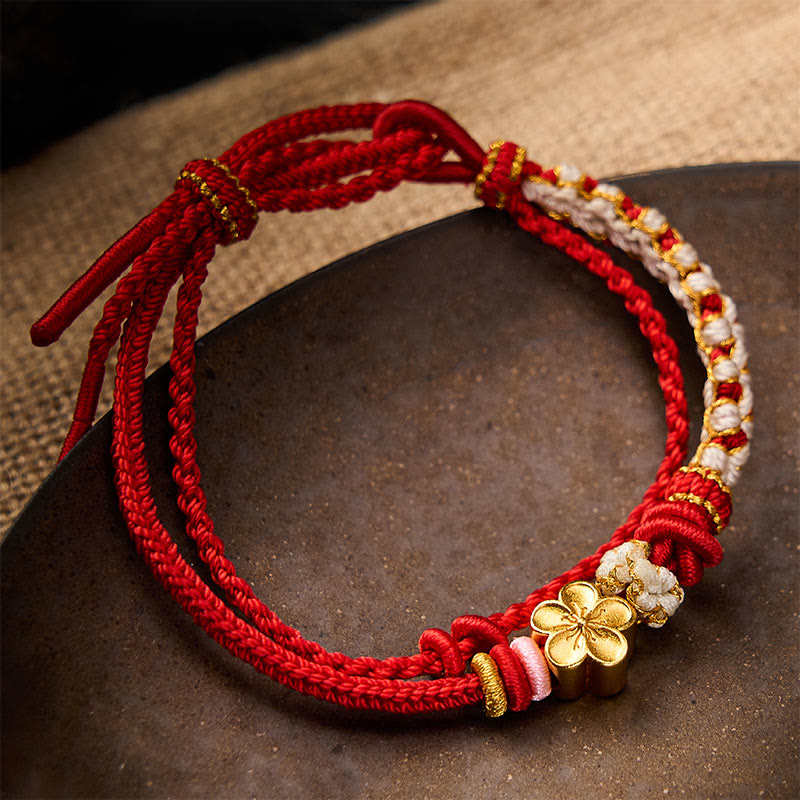 Buddha Stones Bracelet double couche en corde tressée à la main, motif fleur de pêcher et nœuds. - Rouge - Avec accessoire Fleur de Pêcher - image 0