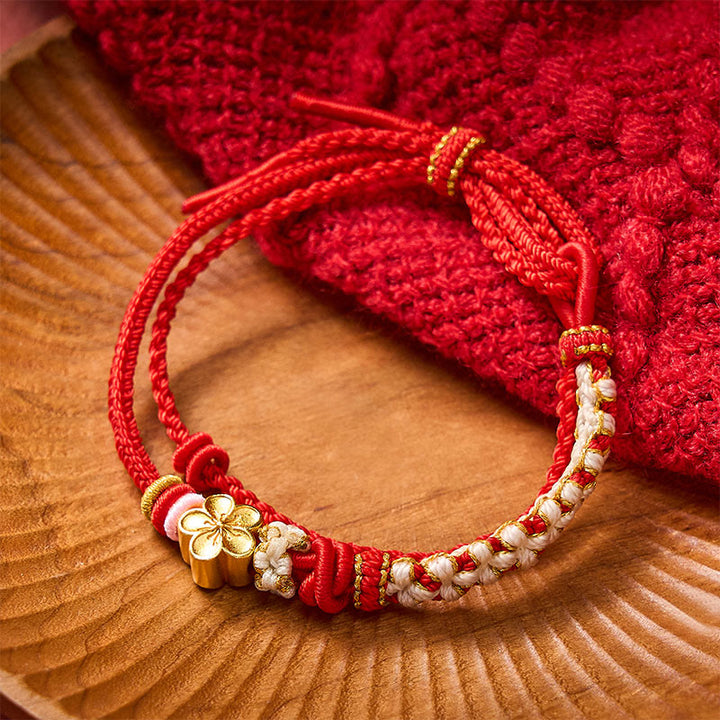Buddha Stones Bracelet double couche en corde tressée à la main, motif fleur de pêcher et nœuds. - image 2
