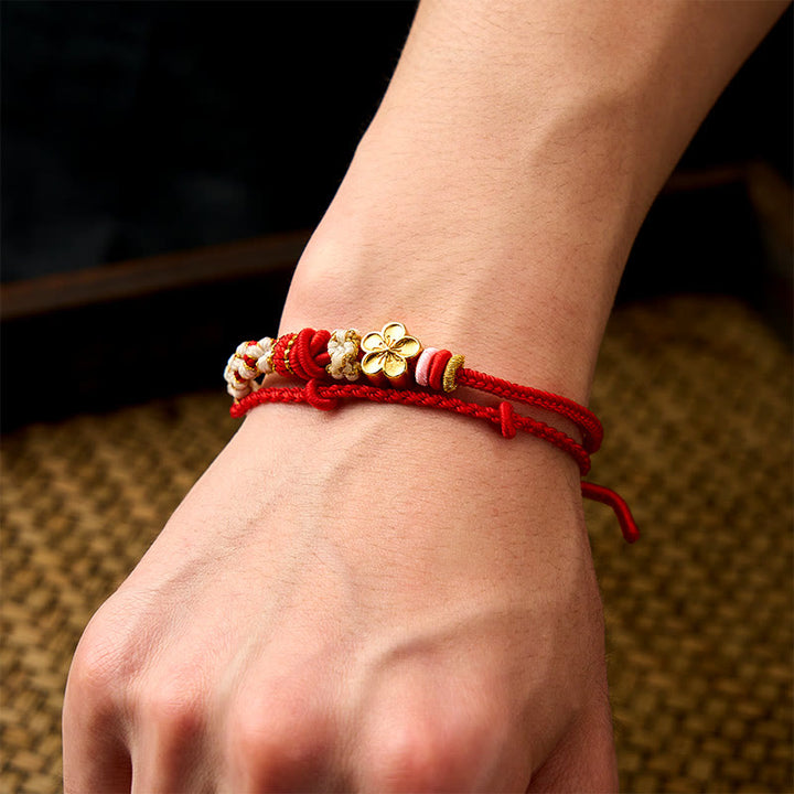 Buddha Stones Bracelet double couche en corde tressée à la main, motif fleur de pêcher et nœuds. - image 6