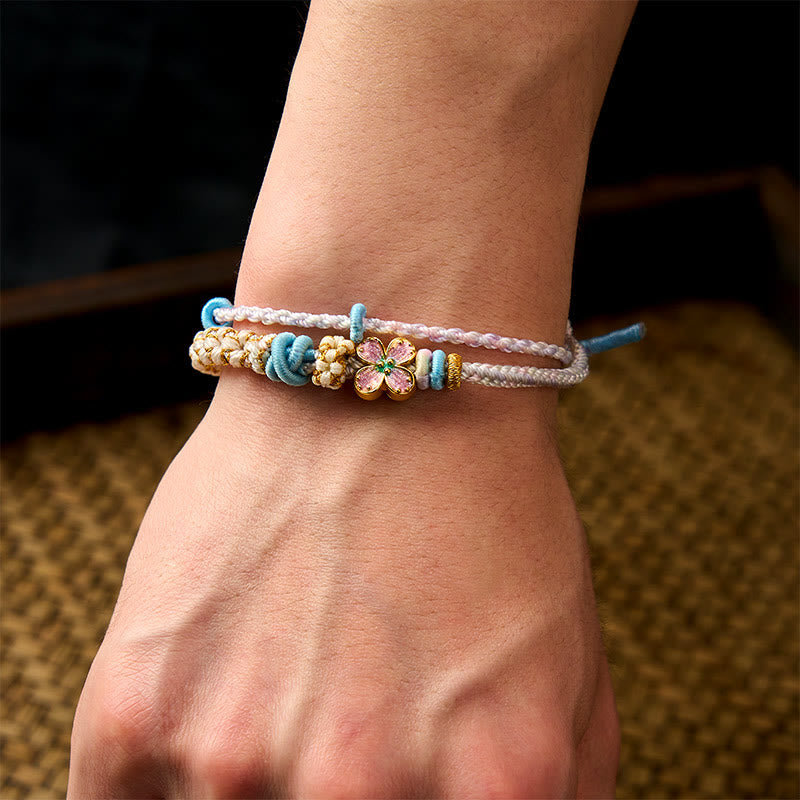 Buddha Stones Bracelet double couche en corde tressée à la main, motif fleur de pêcher et nœuds. - image 20