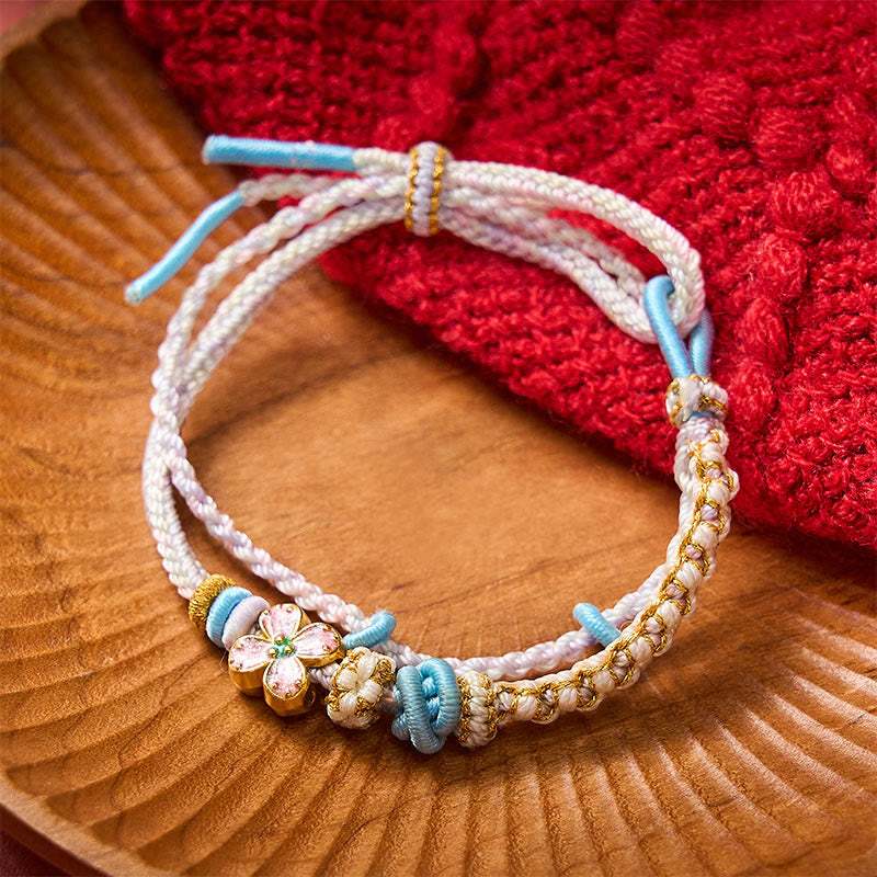 Buddha Stones Bracelet double couche en corde tressée à la main, motif fleur de pêcher et nœuds. - image 17