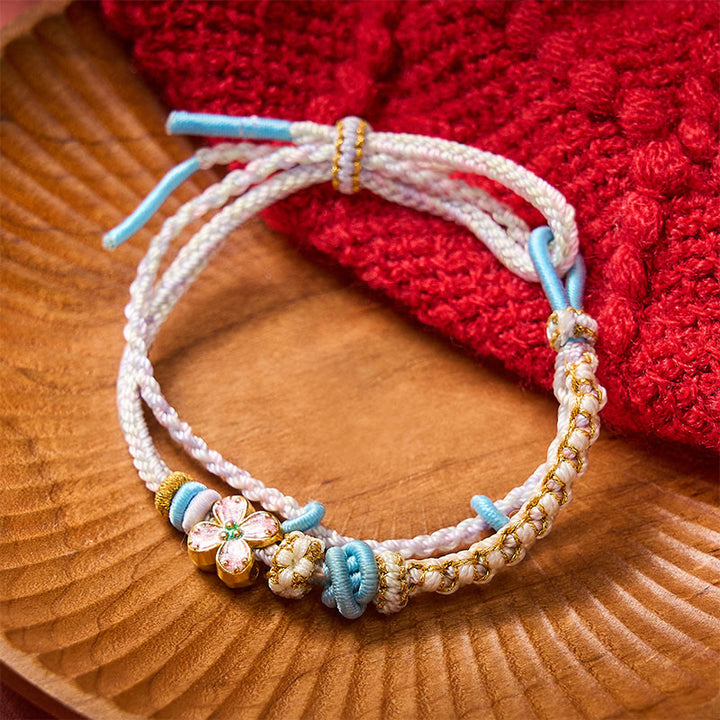 Buddha Stones Bracelet double couche en corde tressée à la main, motif fleur de pêcher et nœuds. - image 17