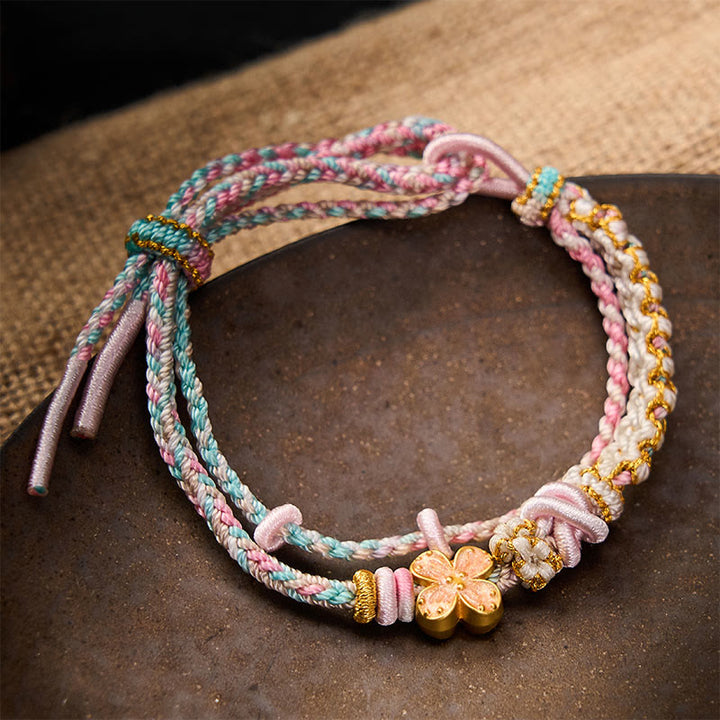 Buddha Stones Bracelet double couche en corde tressée à la main, motif fleur de pêcher et nœuds. - Rose - Avec accessoire fleur rose - image 8