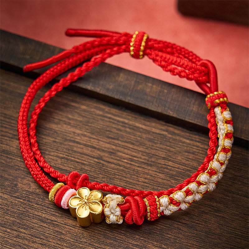 Buddha Stones Bracelet double couche en corde tressée à la main, motif fleur de pêcher et nœuds. - image 1