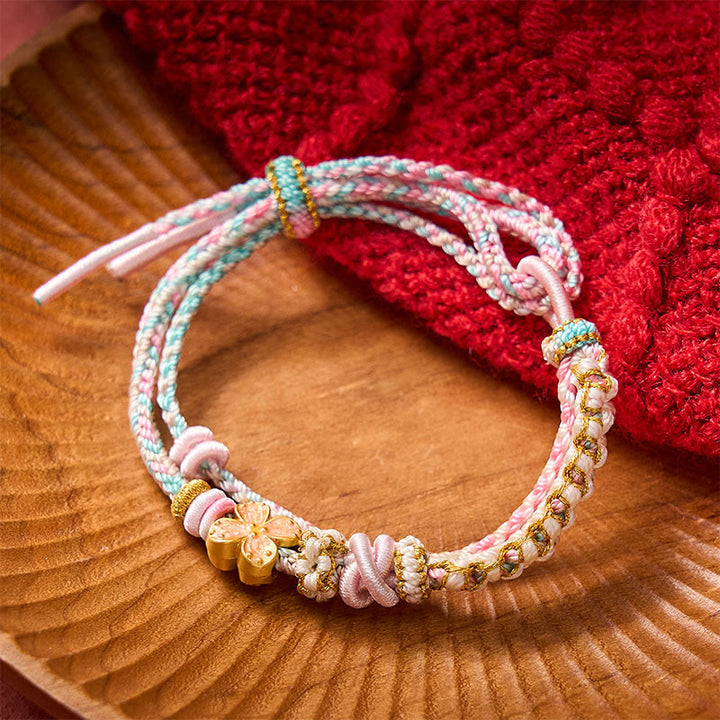 Buddha Stones Bracelet double couche en corde tressée à la main, motif fleur de pêcher et nœuds. - image 10