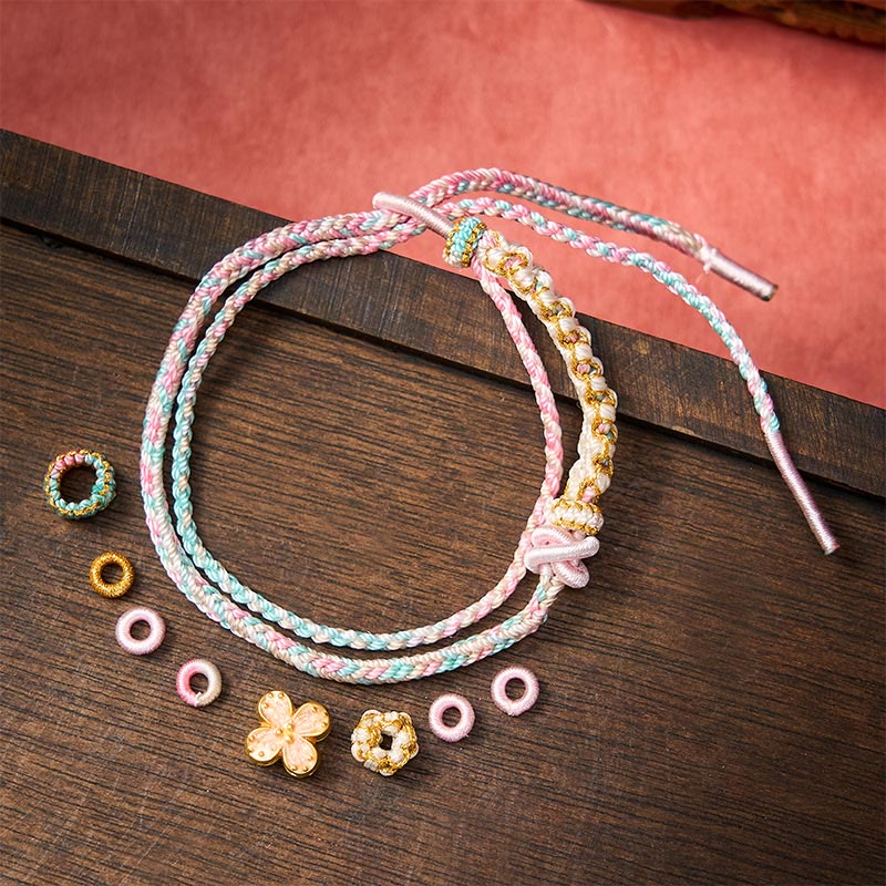 Buddha Stones Bracelet double couche en corde tressée à la main, motif fleur de pêcher et nœuds. - image 11