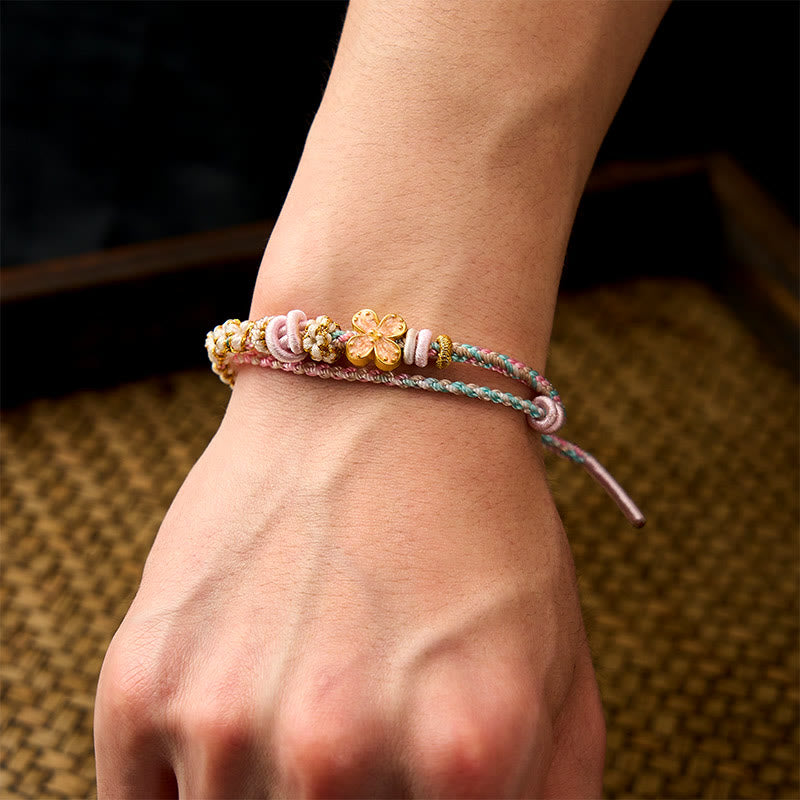 Buddha Stones Bracelet double couche en corde tressée à la main, motif fleur de pêcher et nœuds. - image 13