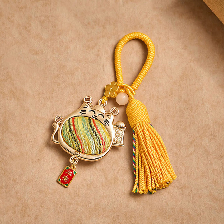 Buddha Stones Porte-clés à pompon en brocart Song avec chat porte-bonheur et symbole de prospérité - image 4
