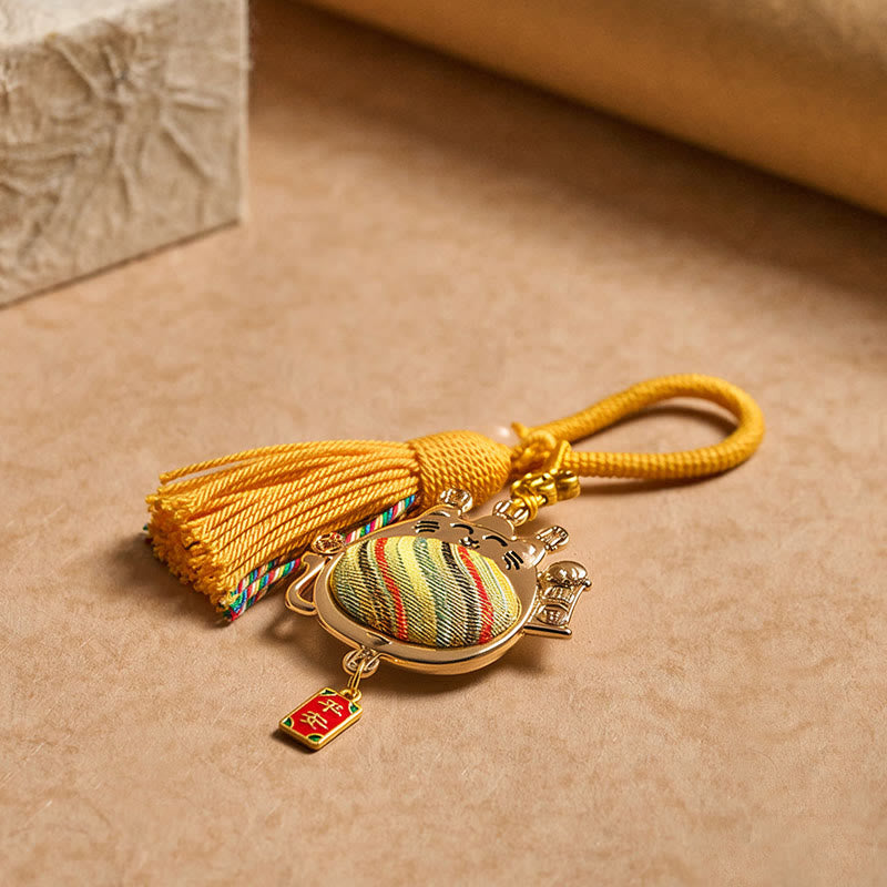 Buddha Stones Porte-clés à pompon en brocart Song avec chat porte-bonheur et symbole de prospérité - image 5