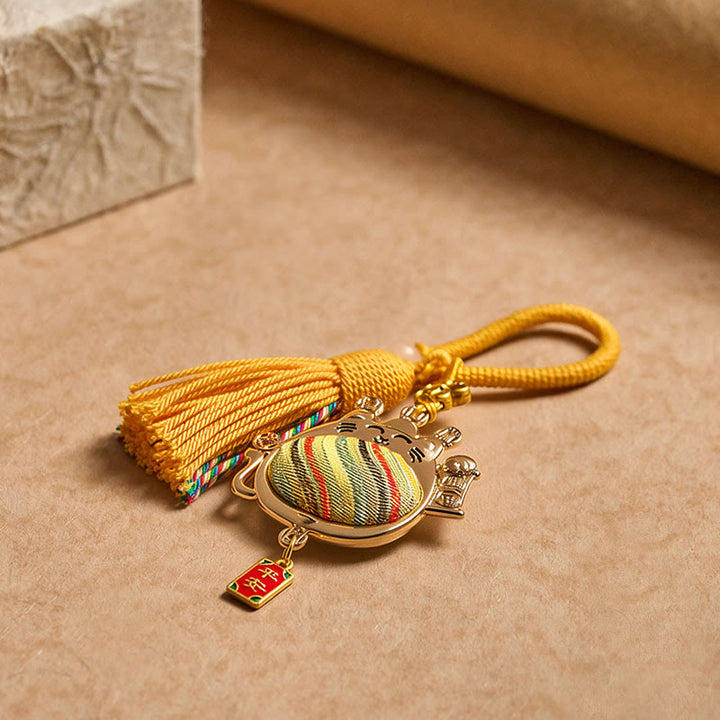 Buddha Stones Porte-clés à pompon en brocart Song avec chat porte-bonheur et symbole de prospérité - image 5