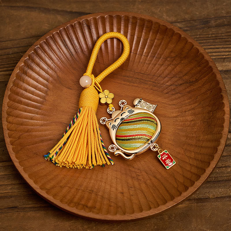 Buddha Stones Porte-clés à pompon en brocart Song avec chat porte-bonheur et symbole de prospérité - image 1