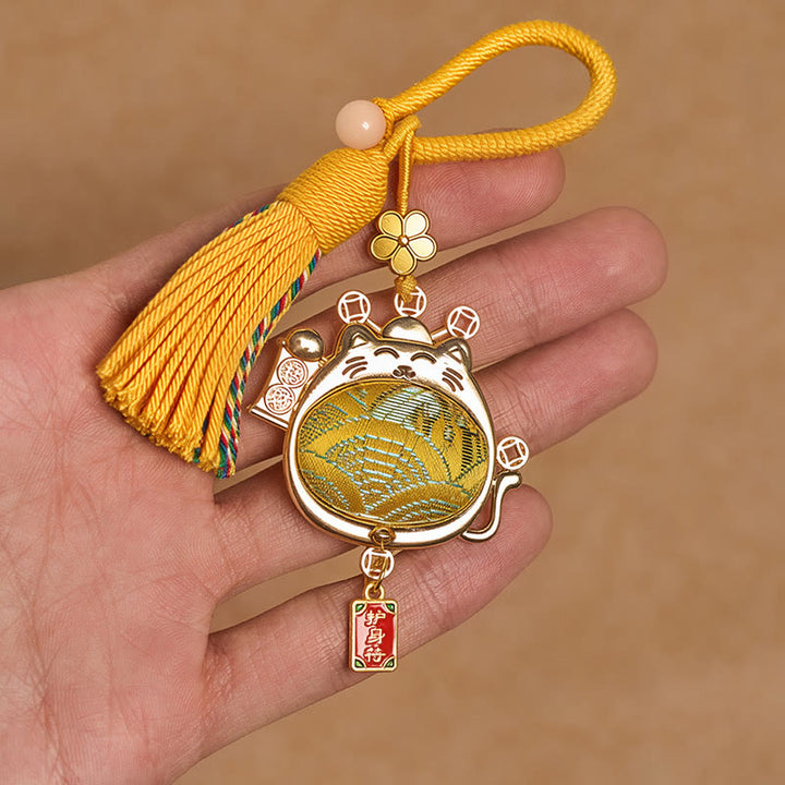 Buddha Stones Porte-clés à pompon en brocart Song avec chat porte-bonheur et symbole de prospérité - image 6
