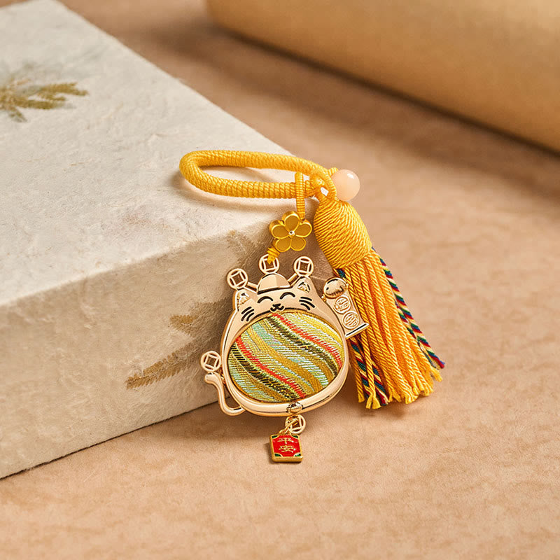 Buddha Stones Porte-clés à pompon en brocart Song avec chat porte-bonheur et symbole de prospérité - image 3