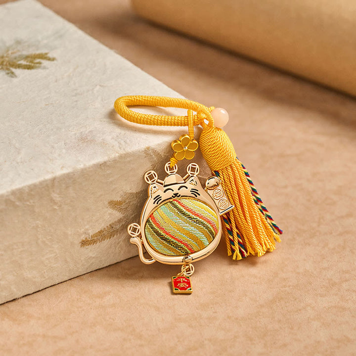 Buddha Stones Porte-clés à pompon en brocart Song avec chat porte-bonheur et symbole de prospérité - image 3