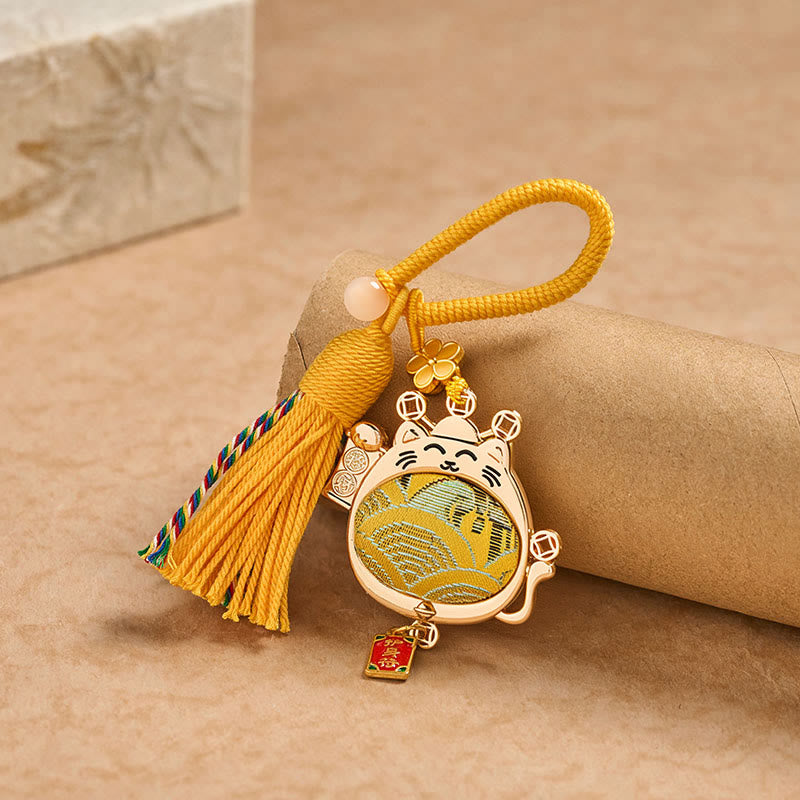 Buddha Stones Porte-clés à pompon en brocart Song avec chat porte-bonheur et symbole de prospérité - image 2