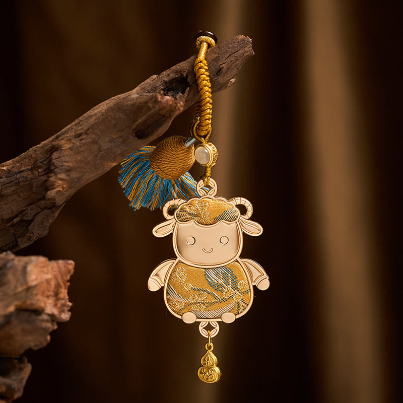 Buddha Stones Porte-clés porte-bonheur à pompon du zodiaque chinois, fait main et brodé Song Brocade - Chèvre - Jaune - image 10