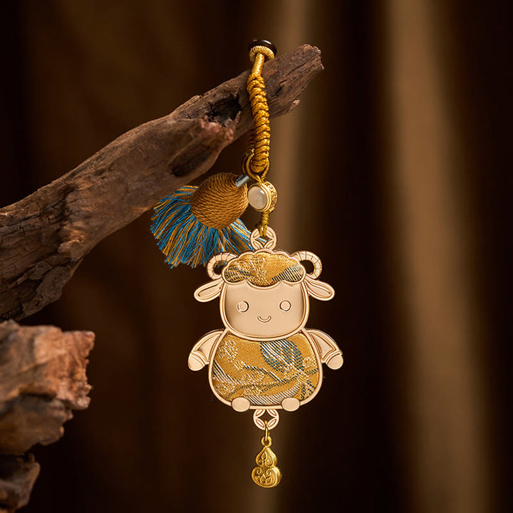 Buddha Stones Porte-clés porte-bonheur à pompon du zodiaque chinois, fait main et brodé Song Brocade - Chèvre - Jaune - image 10