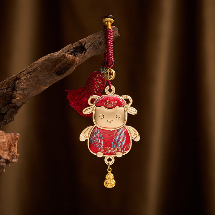 Buddha Stones Porte-clés porte-bonheur à pompon du zodiaque chinois, fait main et brodé Song Brocade - Chèvre - Rouge - image 0