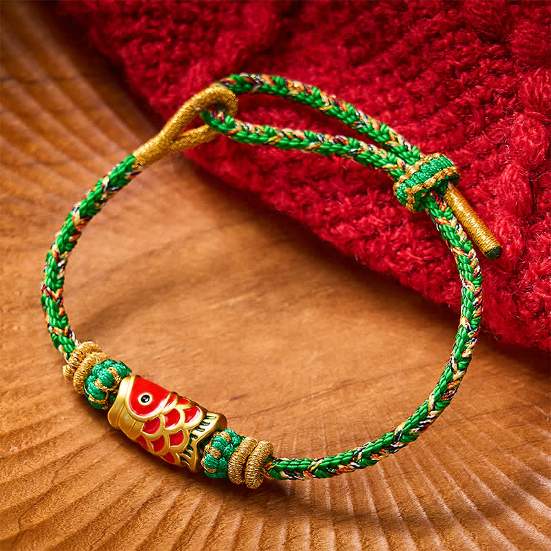 Buddha Stones Bracelet porte-bonheur en corde tressée à la main avec motif de carpes koï - Accessoire vert avec poisson koi - image 0