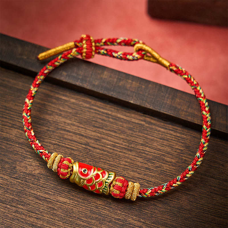 Buddha Stones Bracelet de protection en fil rouge tissé à la main, motif carpe koï et fleur - Rouge - Avec accessoire poisson koi - image 8