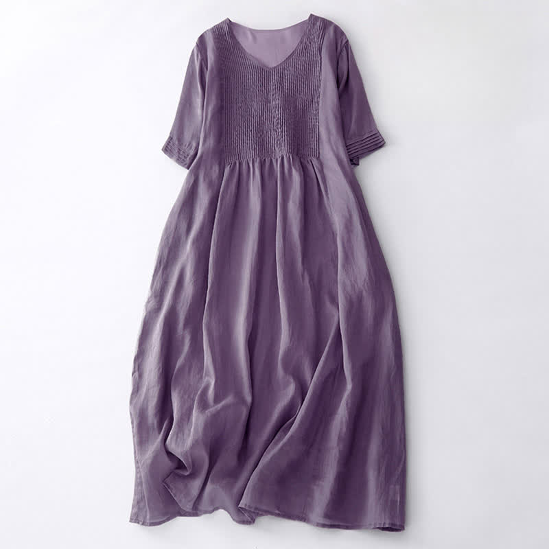 Robe midi unie à manches courtes, col en V et plis accordéon, style décontracté, avec poches , Buddha Stones - Prune - US14，UK/AU18，EU46 (2XL) - image 1
